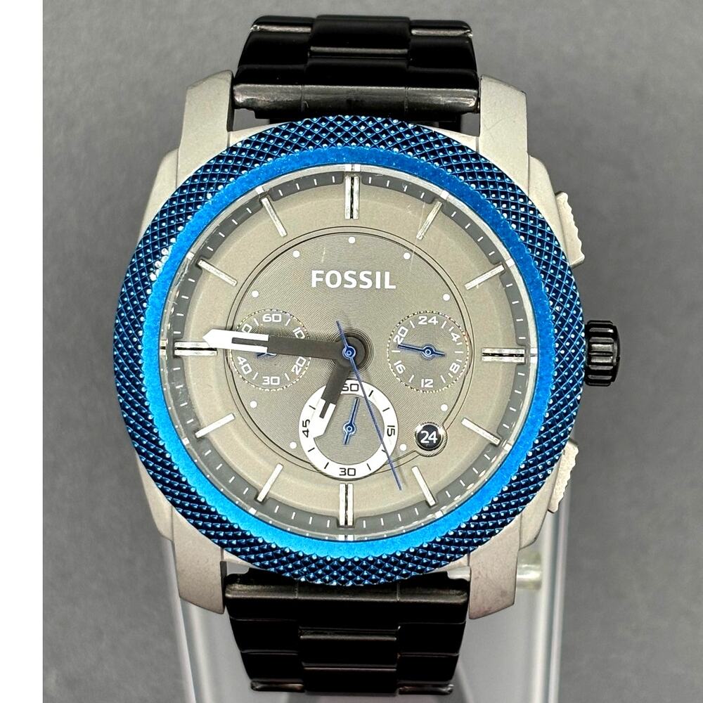 Fossil Machine FS4659 Men’s Chronograph Blue Bezel Gray Dial Black IP Watch